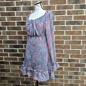 Chic Long Sleeve Paisley Dress in Blue and Pink
